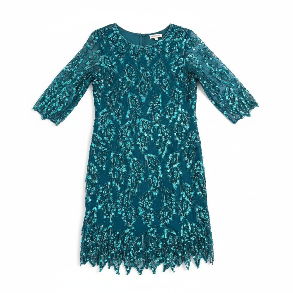 Carina Silk Sequin Cocktail Dress M Teal Beaded Sheer Sleeve Glam Mermaidcore